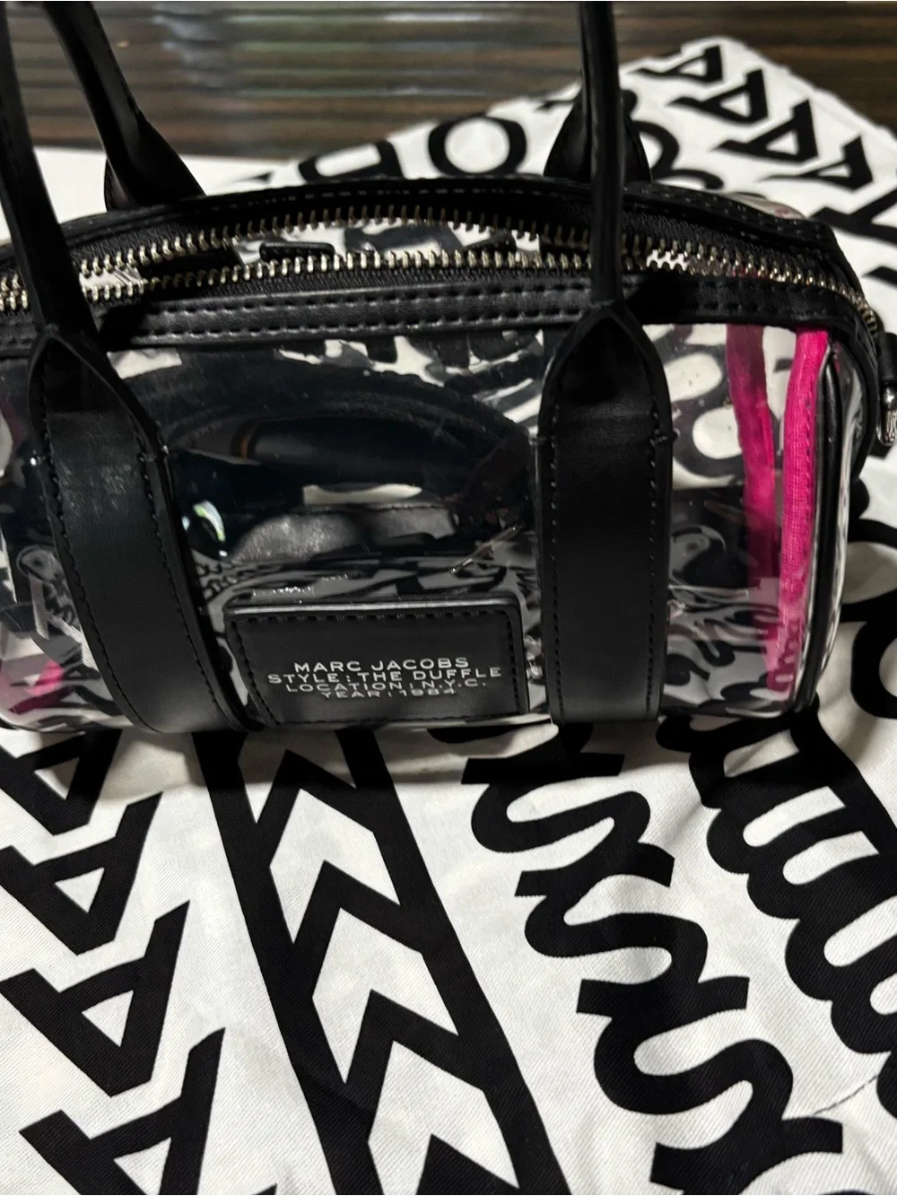 Marc Jacobs Clear Duffle Crossbody with Black Trim and Pink Accent